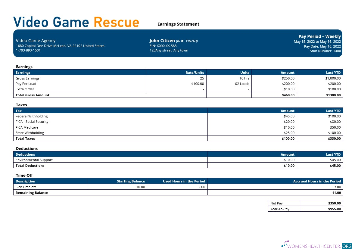 Download video game company paystub template in Word and PDF formats Photoshop template